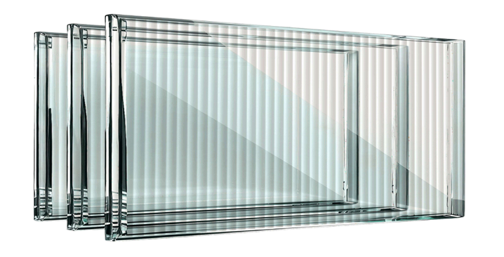 Four rectangular glass panels, slightly overlapping, with vertical stripe reflections.