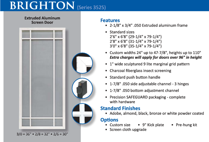 Product specifications for a Brighton extruded aluminum screen door; includes dimensions, features, and options.