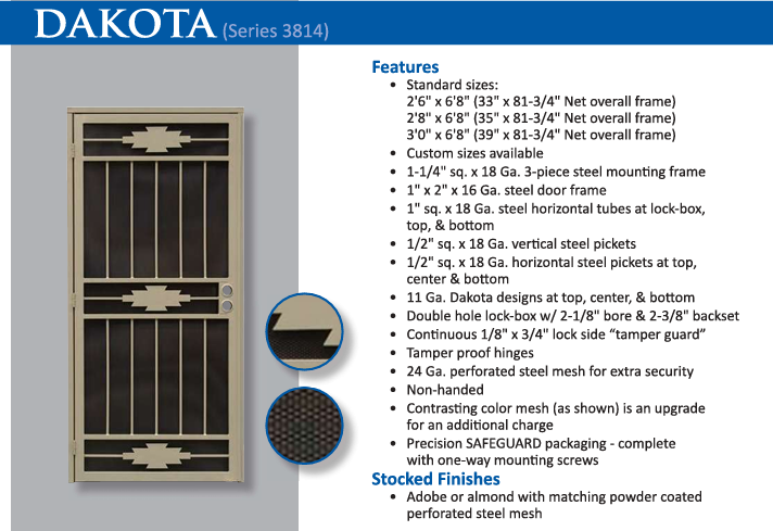 A beige Dakota security door with dark interior, features listed in blue, and close-up of the perforated mesh.