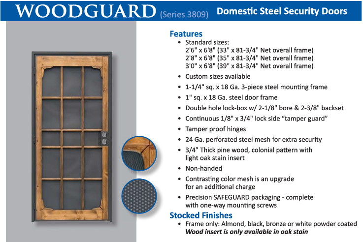 A security door advertisement showing a steel security door with features listed.