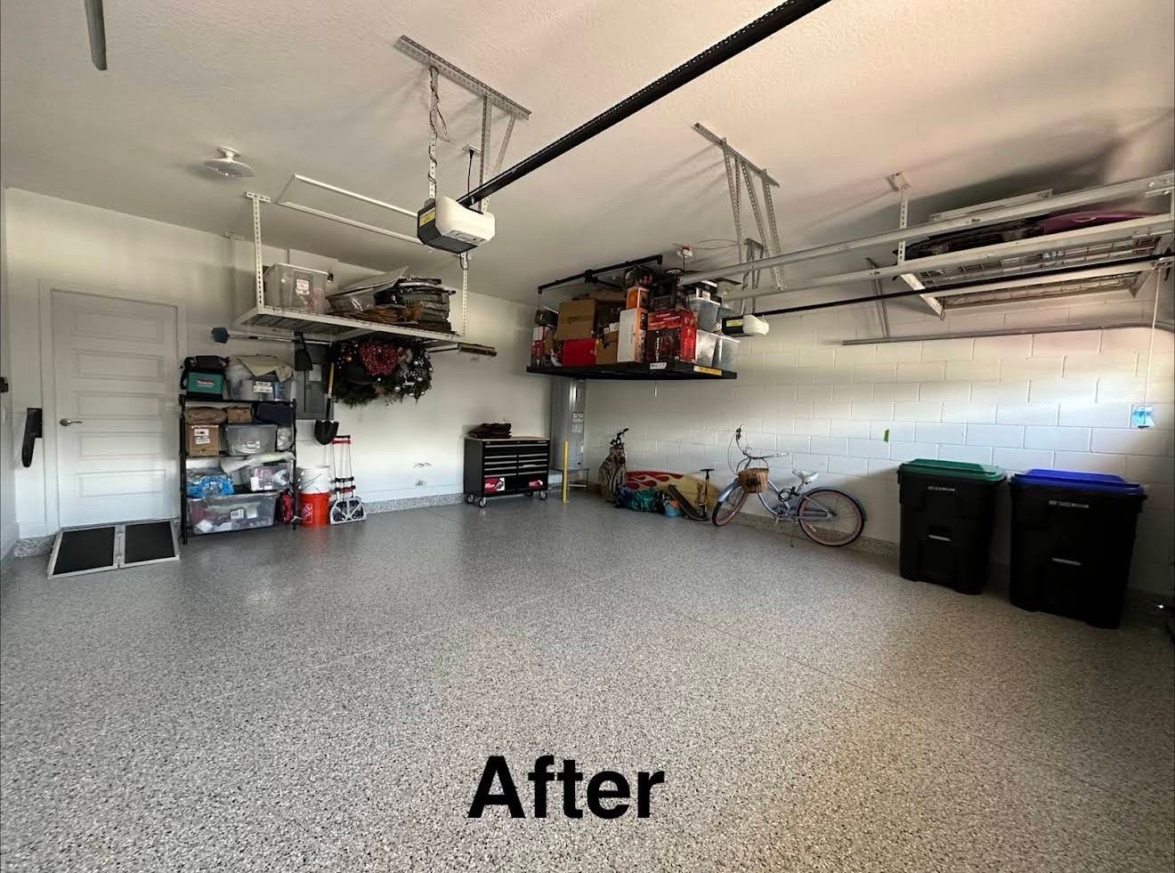 Spacious garage with speckled floor, overhead storage, bikes, and bins; labeled “After” at bottom.