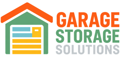 Garage Storage Solutions logo with a house and garage door in orange, green, and gray