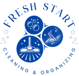 Blue circular logo for Fresh Start Cleaning & Organizing with mop, bubbles, and sparkles