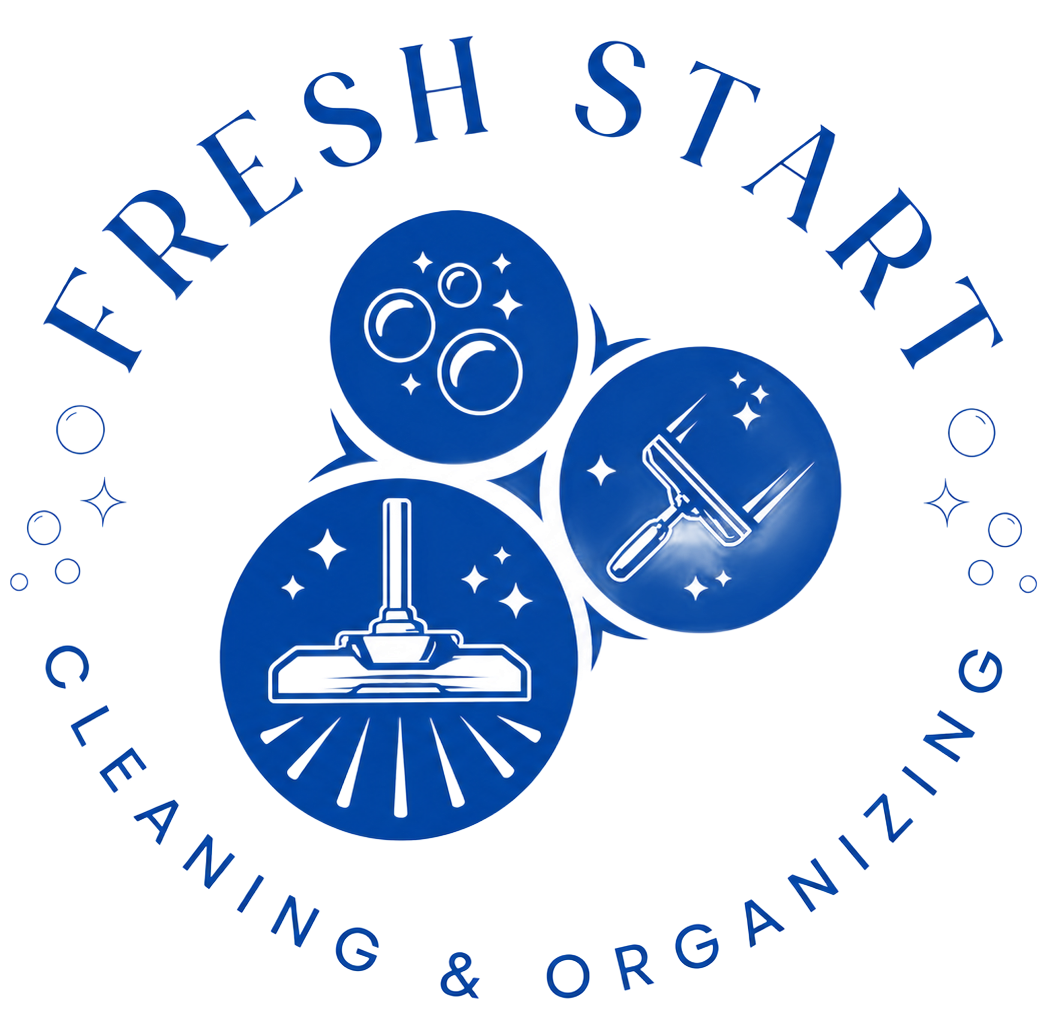 Blue circular logo for Fresh Start Cleaning & Organizing with mop, bubbles, and sparkles