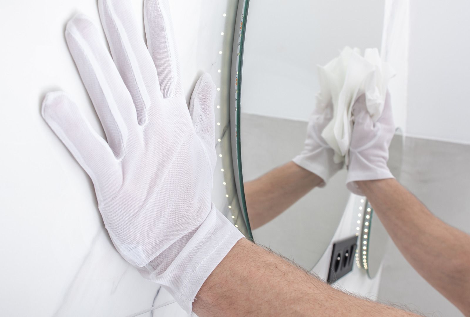 White-gloved hands cleaning a mirror, with a reflection visible in the glass