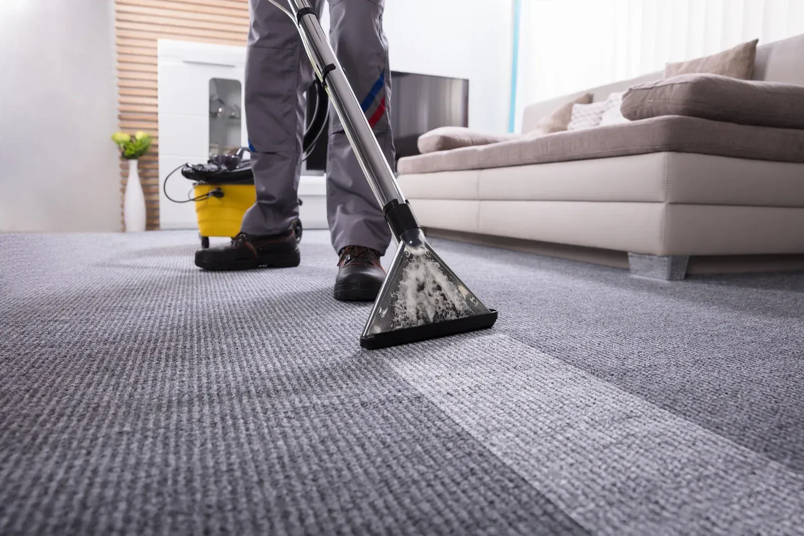 Person vacuuming a gray carpet in a bright living room