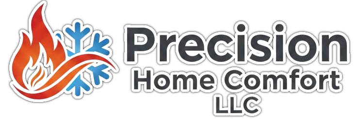 Logo featuring a flame icon combined with a blue snowflake, beside the text "Precision Home Comfort LLC".