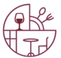 Un logo stilizzato di colore rosso scuro raffigurante un calice da vino, un piatto con posate e un tavolino con una sedia disposti in cerchio.