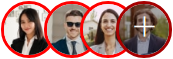 Four circular profile photos with red outlines; last circle shows a cross icon.
