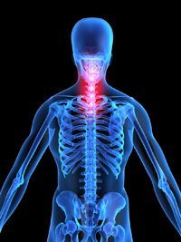 A person in a white shirt holding their lower back with both hands, with a red glow effect indicating pain.