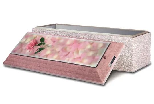 Pink floral memorial casket with a rose design on the lid