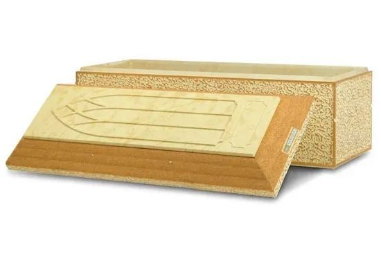 Gold-colored decorative box or gift chest with patterned lid and base on white background