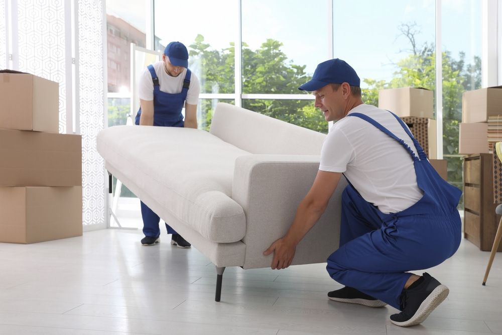 Two Men Carrying Sofa In Room — Removalists in Toowoomba, QLD