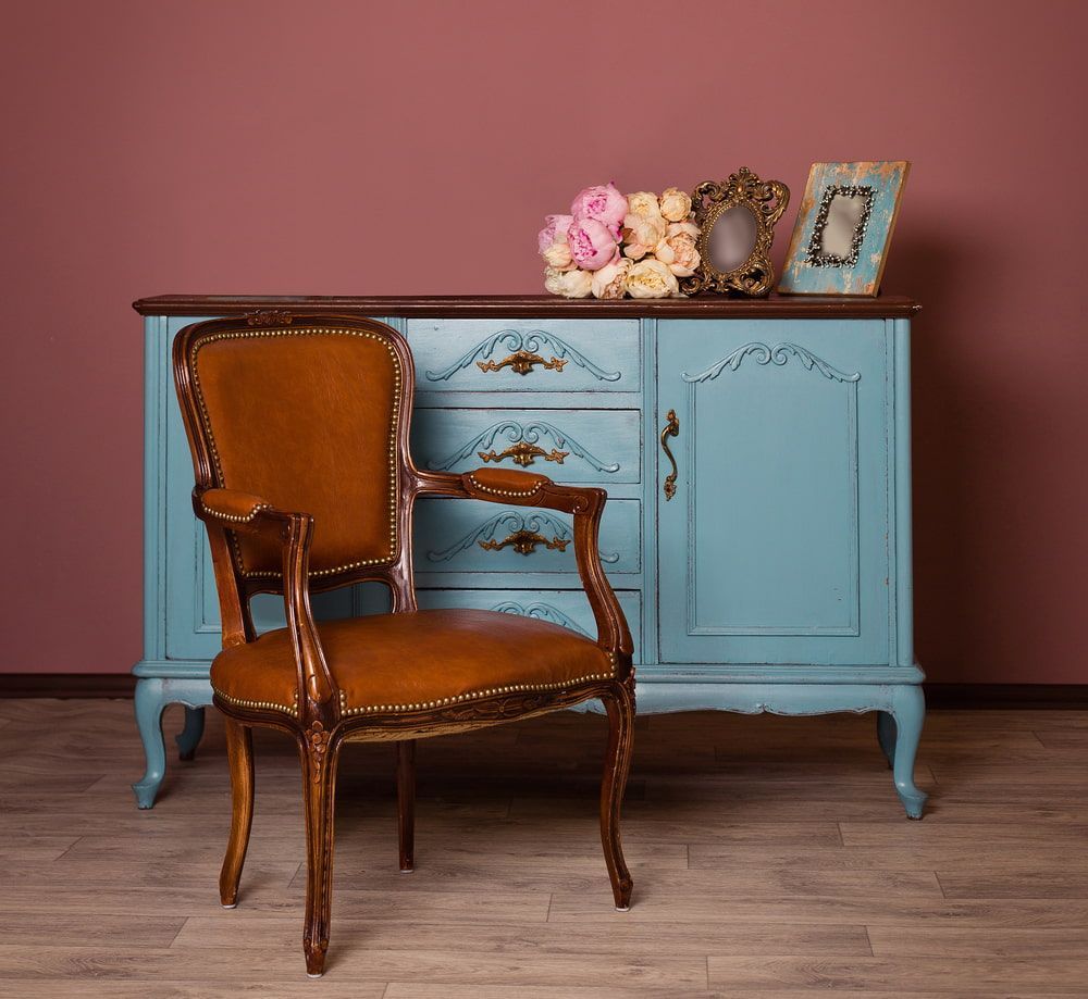 Brown Antique Armchair And Blue Dresser — Antique Furniture Removals in Toowoomba, QLD
