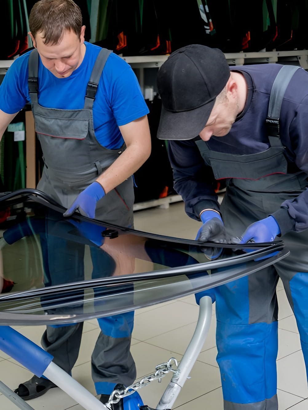Two Men Are Working On A Windshield In A Garage — Petrena Windscreens In Cambooya, QLD