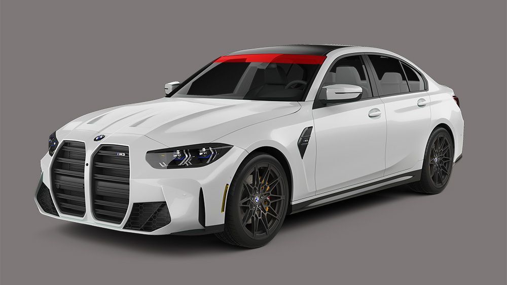 White BMW M3 sedan with black accents, on a gray background.