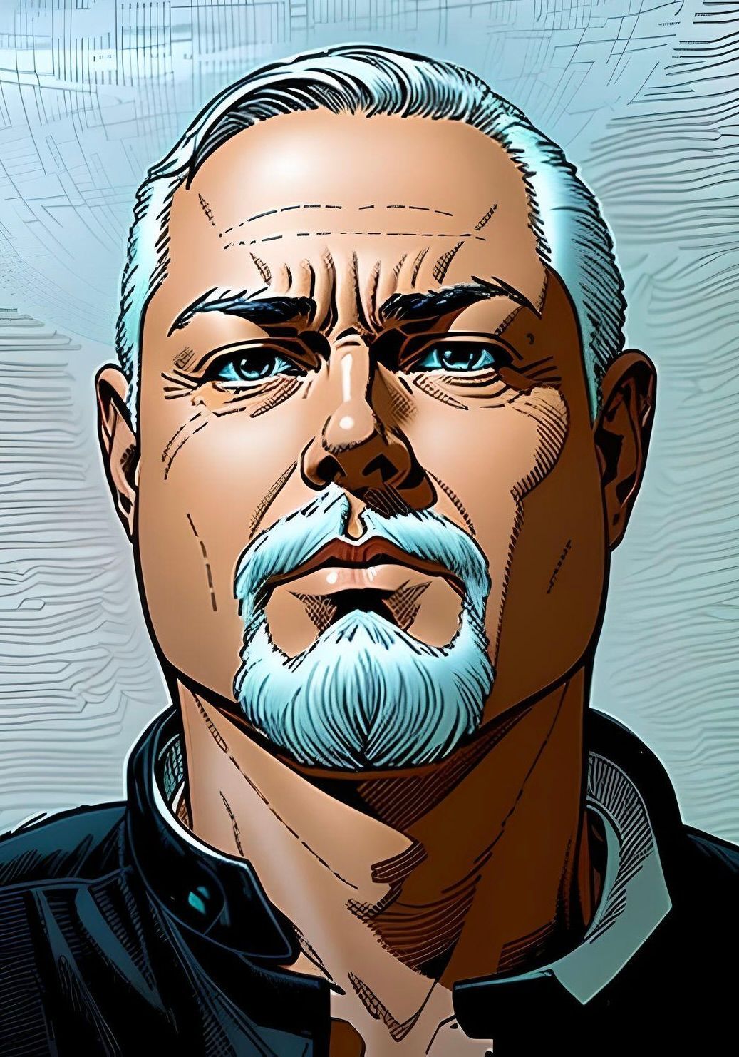 A comic-book style close-up of a person with short silver hair and a goatee, looking directly forward with a neutral gaze.
