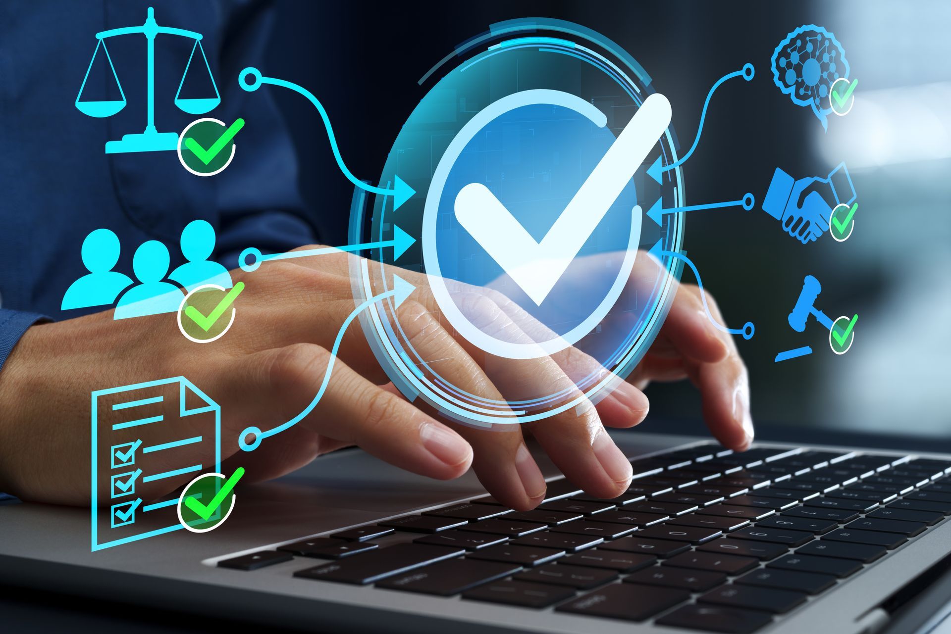 Hands typing on a laptop with a glowing checkmark and legal compliance icons hovering above.