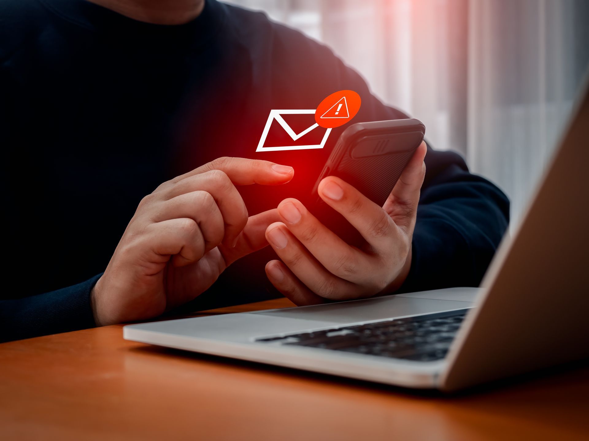 Hands holding a smartphone with an overlaid graphic of an envelope icon and a red warning triangle.