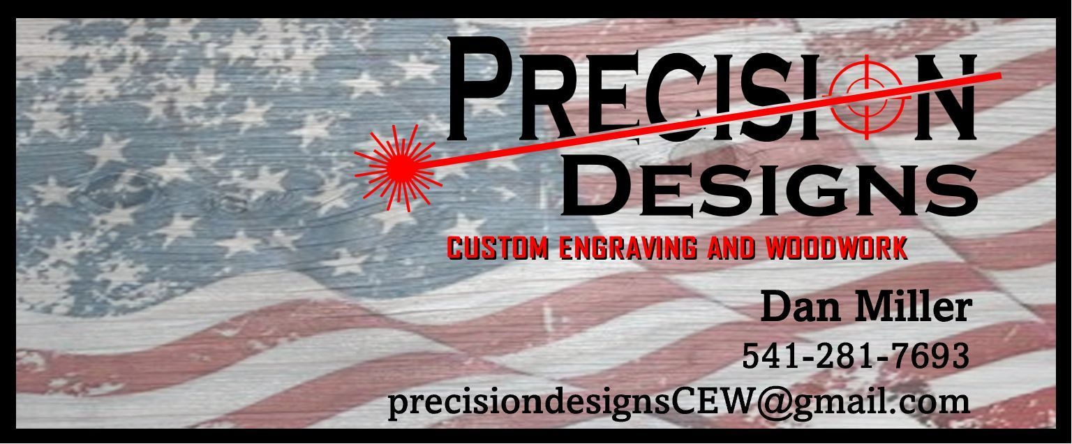 A business card for precision designs with an american flag in the background