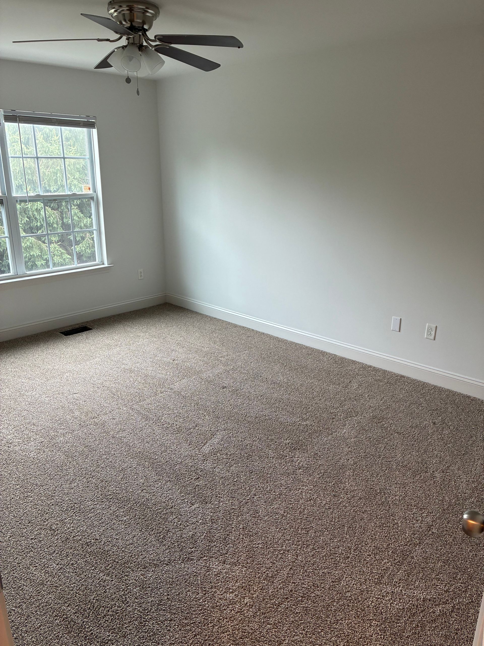 Empty carpeted bedroom with white walls, ceiling fan, and a window letting in daylight.