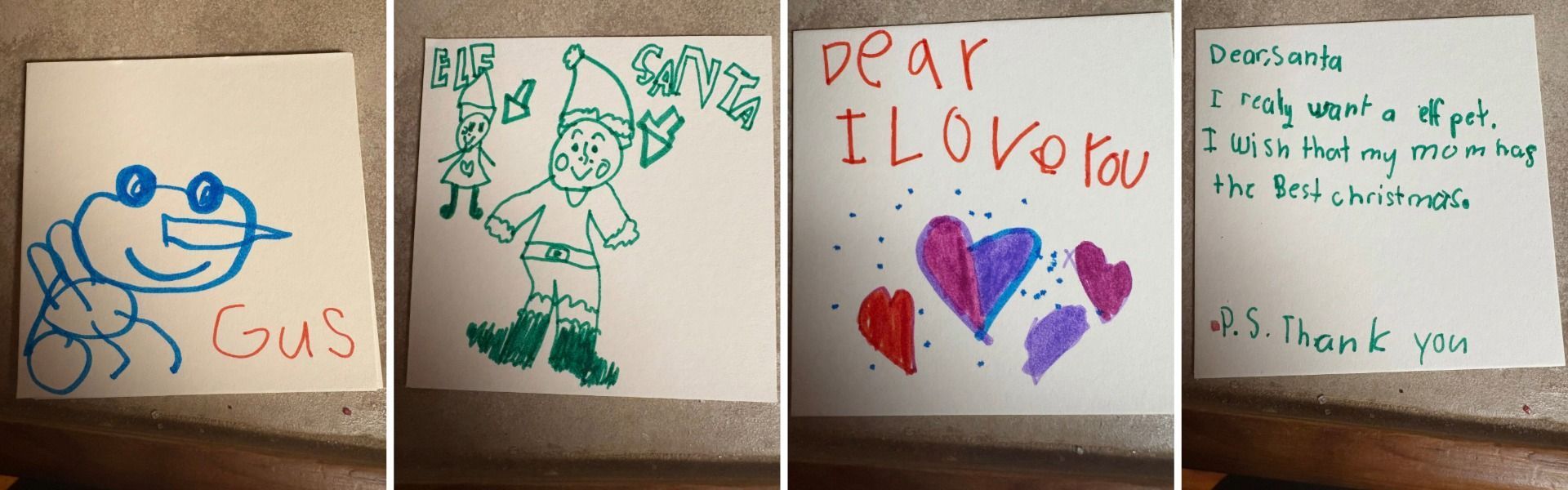 Art from kids at a December 2025 book signing event for Gus the Gnat from Dulac