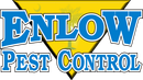 Enlow Pest Control logo in blue and white over a yellow triangle background