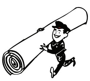 Cartoon person carrying a rolled-up carpet on their shoulder, smiling and walking