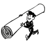Cartoon person carrying a rolled-up carpet on their shoulder, smiling and walking