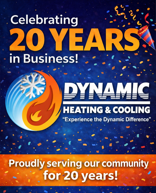 Dynamic Heating & Cooling celebrates 20 years in business with blue, orange, and confetti graphics.