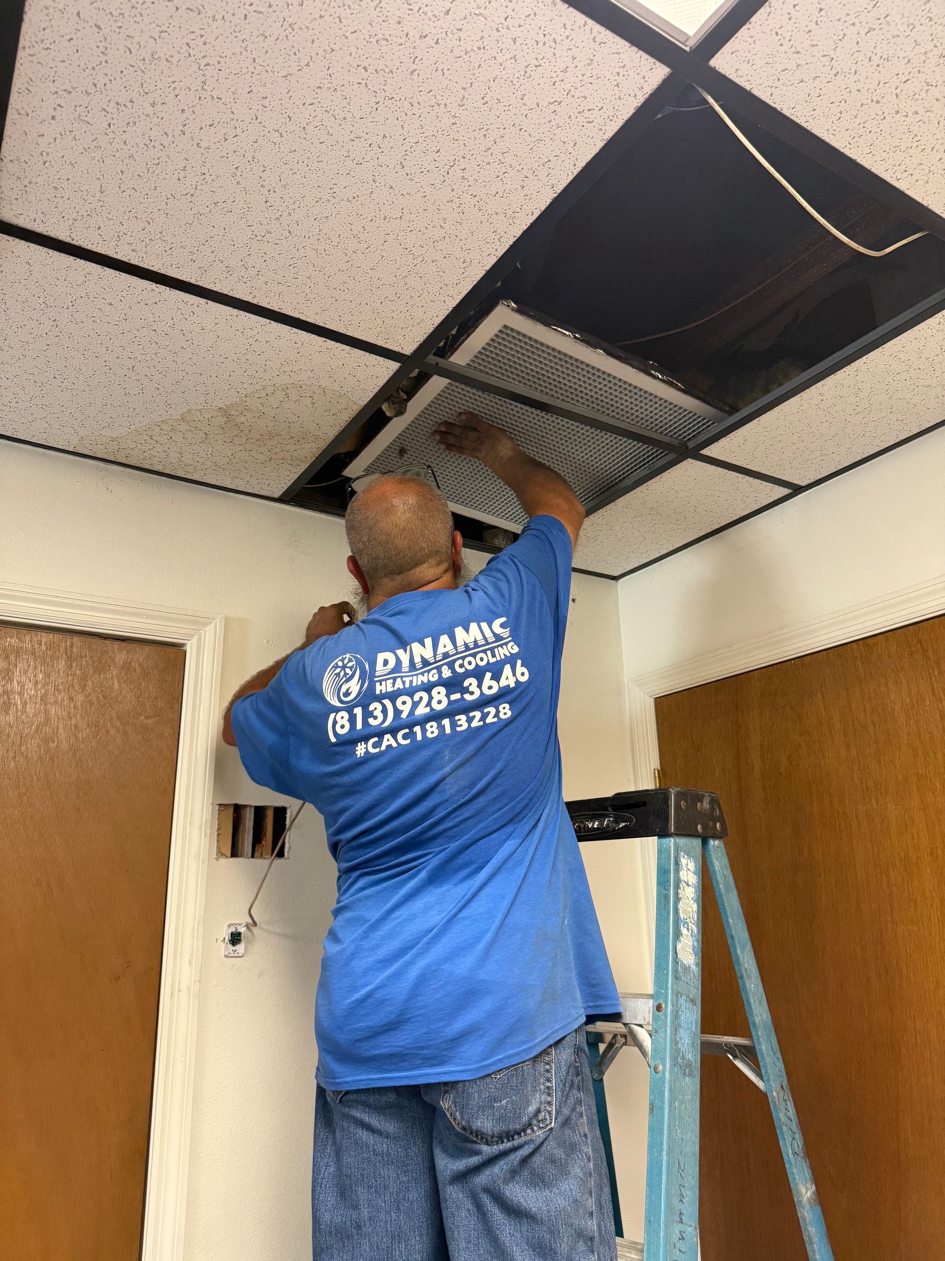 Man on a ladder installing ceiling tile. He's wearing a blue shirt.