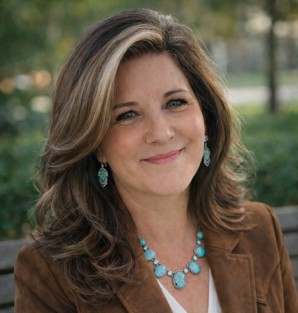 Smiling woman outdoors wearing a brown jacket and turquoise jewelry, with blurred greenery behind her