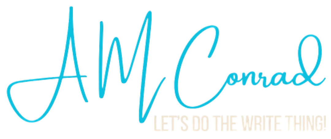 Light blue “AM Conrad” script logo with the tagline “LET’S DO THE WRITE THING”