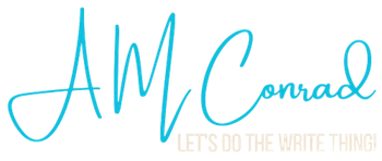 Light blue “AM Conrad” script logo with the tagline “LET’S DO THE WRITE THING”
