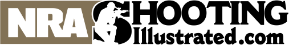 NRA Shooting Illustrated logo in white and black with a shooter silhouette on a tan background