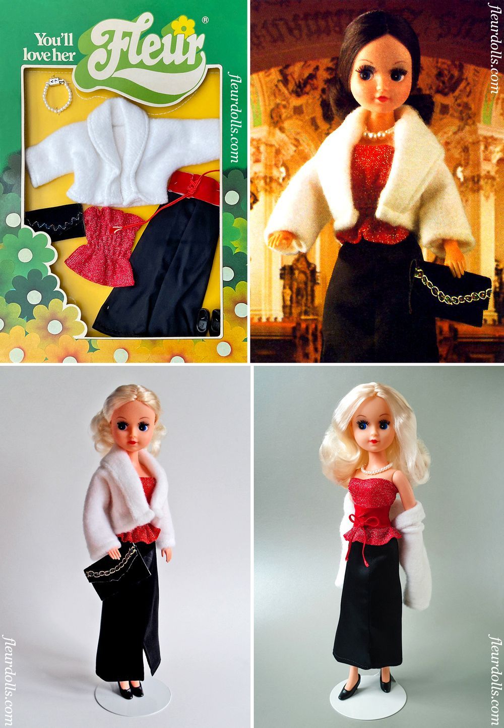 Fleur doll evening outfit black white satin skirt sparkly red top white fur Otto Simon
