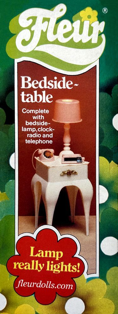Bedside table for Fleur doll pink and white bedroom with real working light, telephone and alarm clock.