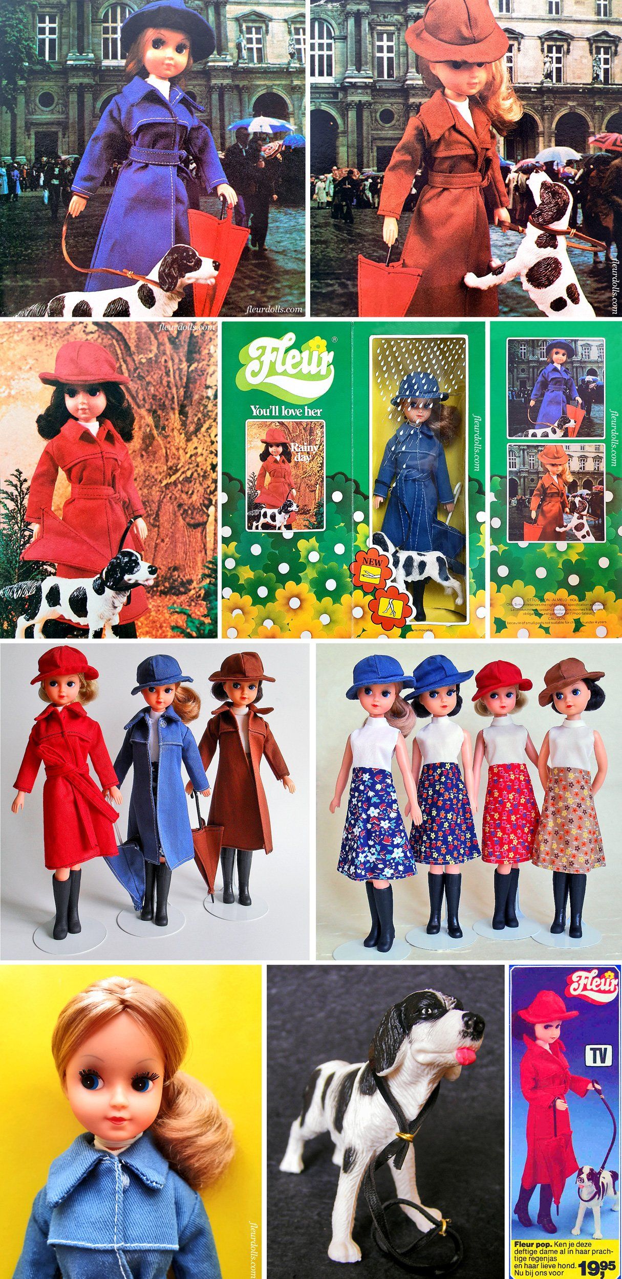 Rainy Day Fleur doll Otto Simon blue red brown coat dog 1980 umbrella