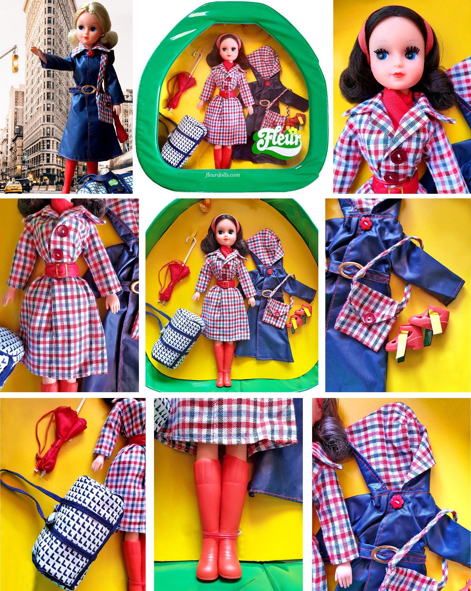 Travel Fleur doll Dutch by Otto Simon with purple coat, red umbrella and white bag