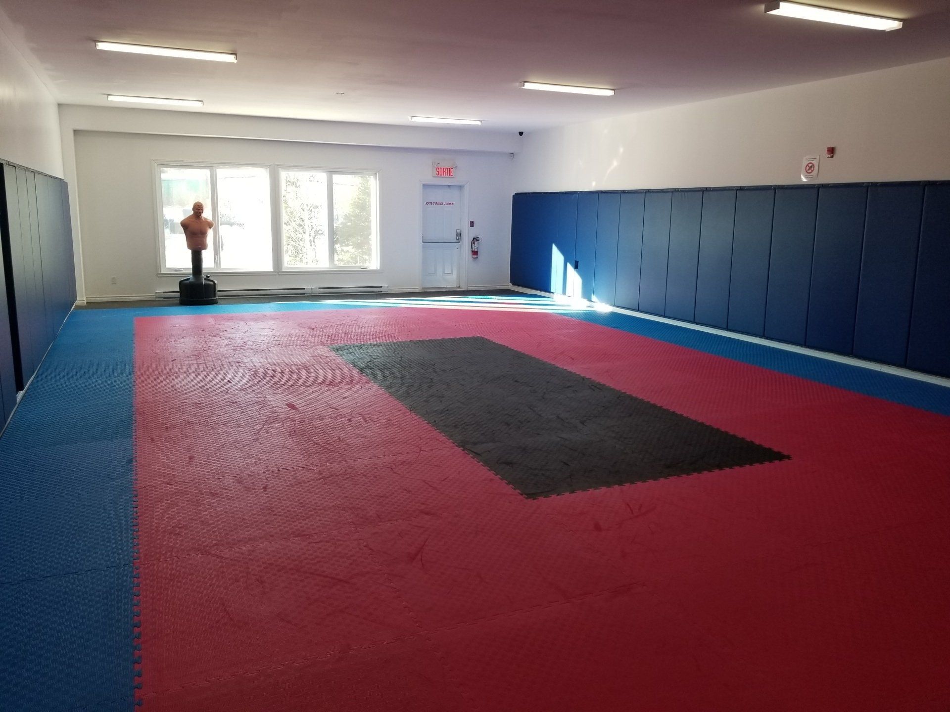 Salle d'entraînement d'arts martiaux : tapis rouges et bleus, murs rembourrés, mannequin d'entraînement, fenêtre et porte de sortie.