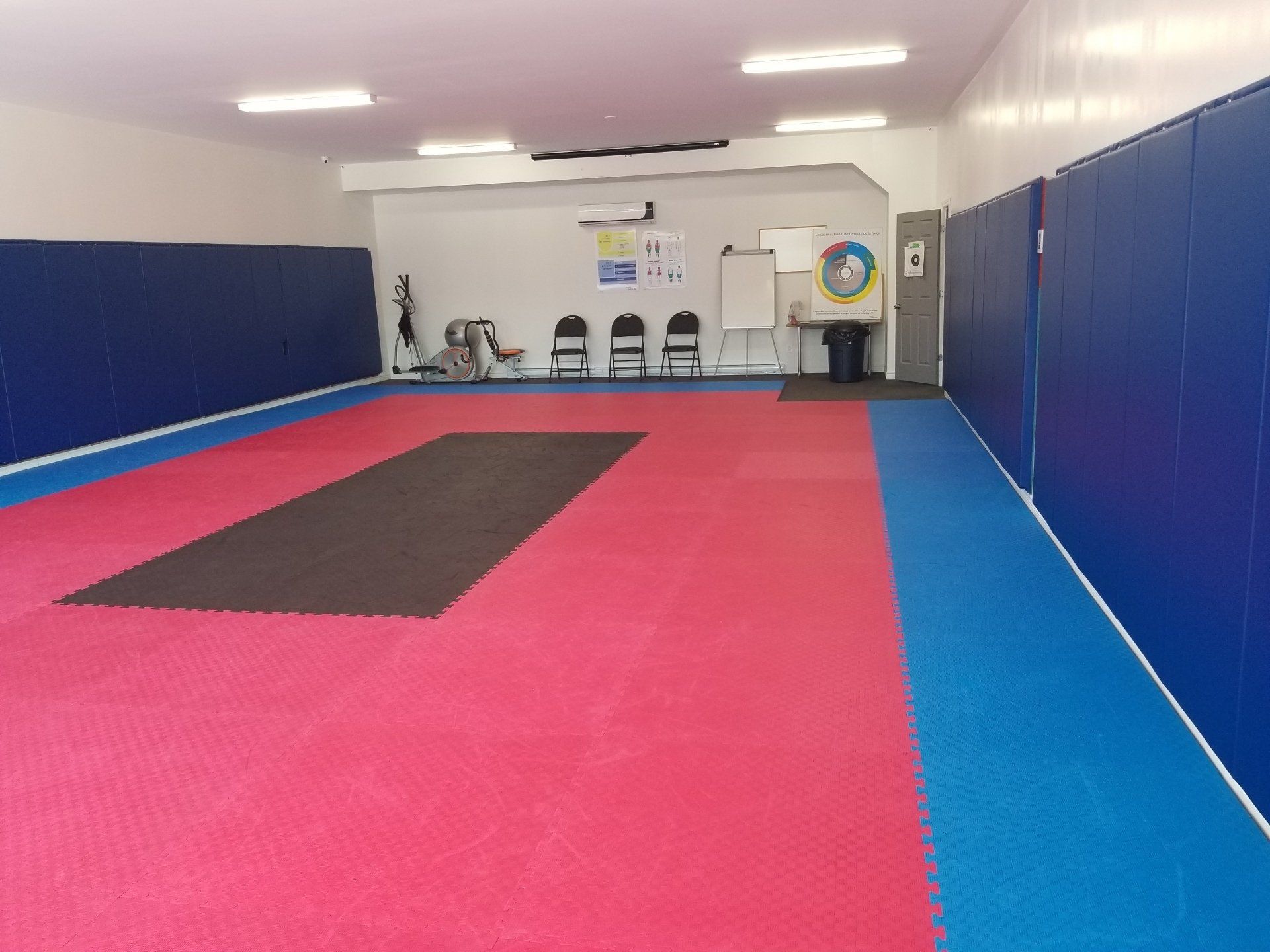 Salle d'entraînement d'arts martiaux avec tapis roses et bleus, murs bleus rembourrés et chaises.
