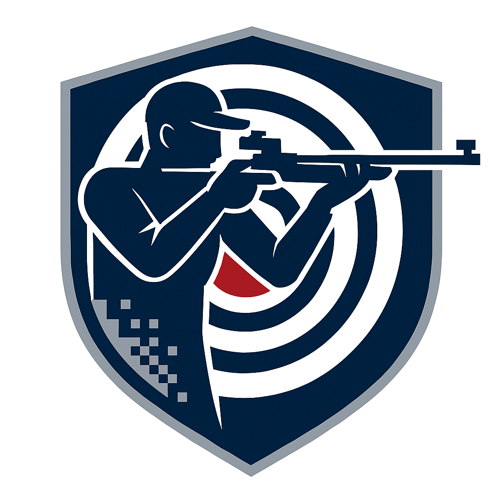 Silhouette of a marksman aiming a rifle at a target, set against a dark blue shield.