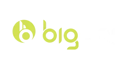 Lime-green “b]g” logo on a white background
