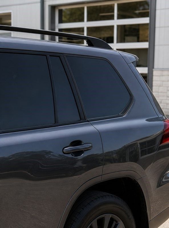 Dark SUV parked beside a building with tinted windows and a black roof rack
