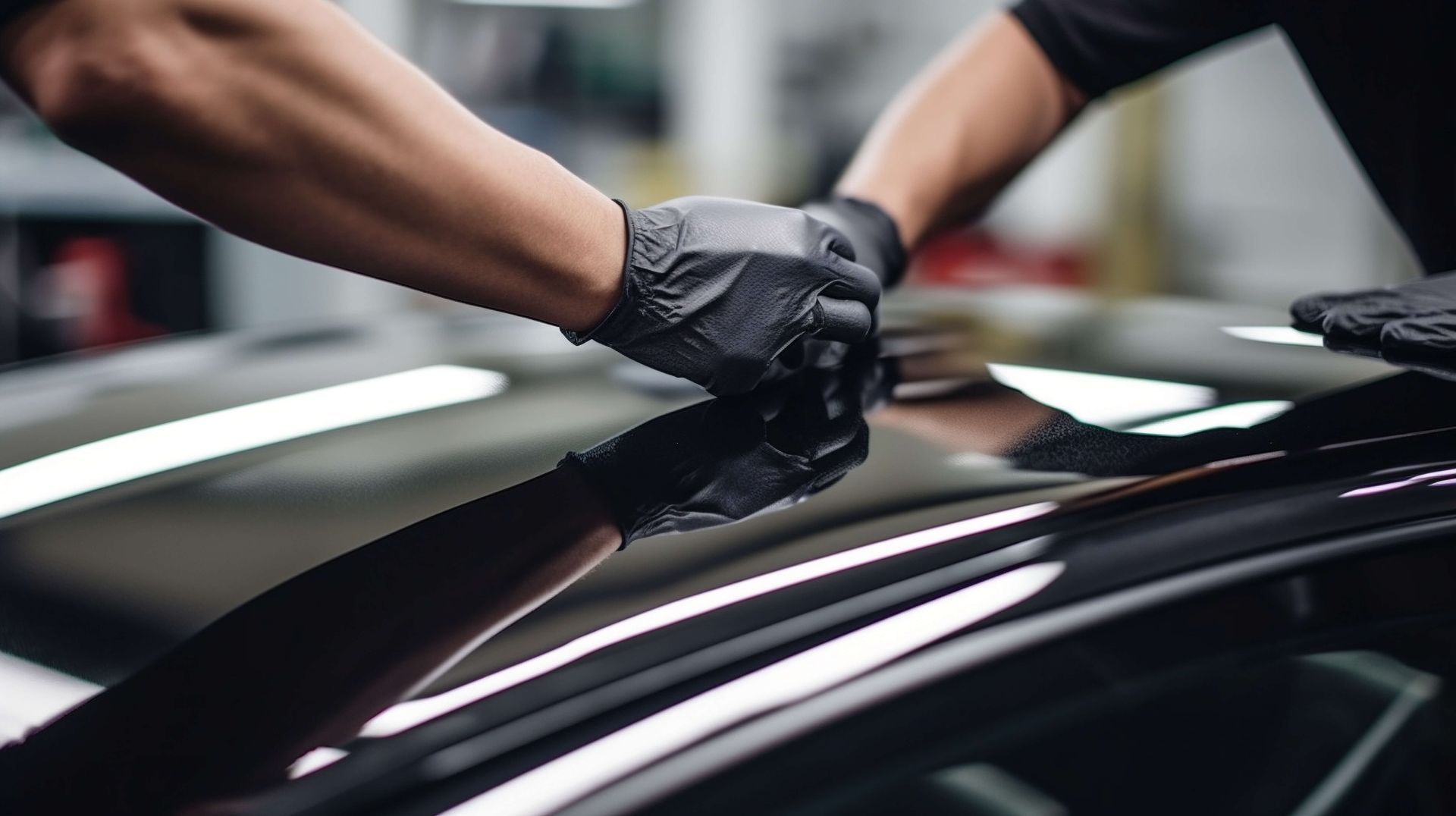 Gloved hands polishing a black car’s roof with a cloth in a garage