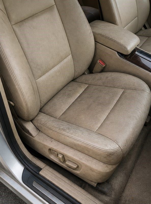Beige cloth car front passenger seat with armrest and seat controls