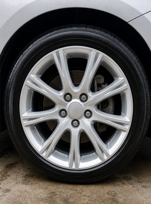 Close-up of a silver car wheel with a black tire and alloy rim