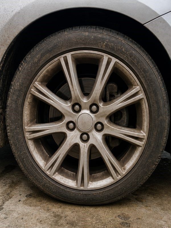 Close-up of a silver car wheel and tire on pavement, with a dusty rim.