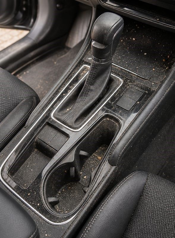 Car’s center console with automatic gear shifter, cup holder, and storage tray.