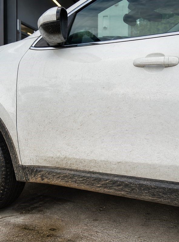White SUV side with muddy lower door and black side mirror.